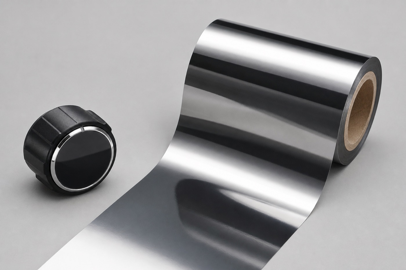 Film chromé marqué à chaud sur le dessus d'un bouton noir, anneau chrome miroir affleurant à la teinte froide et sobre