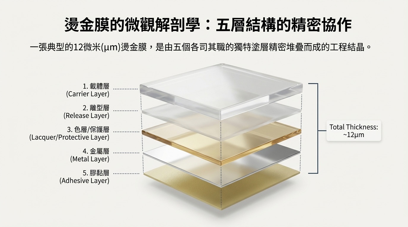 燙金膜五層結構解剖圖 — 載體層 離型層 色層 金屬層 膠黏層 Total Thickness 12μm hot stamping foil cross section anatomy